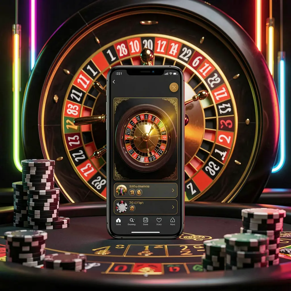 Mobile casino application scene featuring a phone in the center with a roulette wheel and poker chips in the background, glowing neon lights, and a premium black and gold style showcasing the TTK889 brand