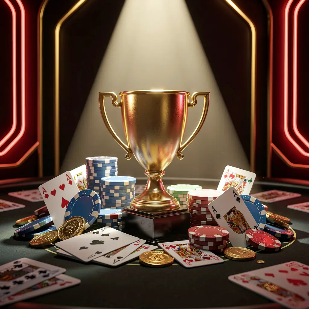 TTK889 casino tournament bonus concept featuring a golden trophy surrounded by poker chips, playing cards, and coins under a bright spotlight in a competitive luxury casino atmosphere with dark background and red and gold neon accents