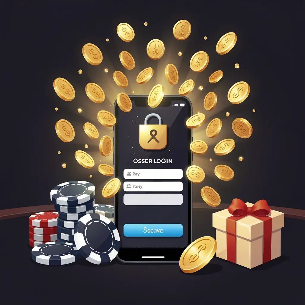 TTK889 casino user login illustration showing a phone with a secure access icon, golden coins bursting from the screen, poker chips and a gift box nearby on a dark premium background