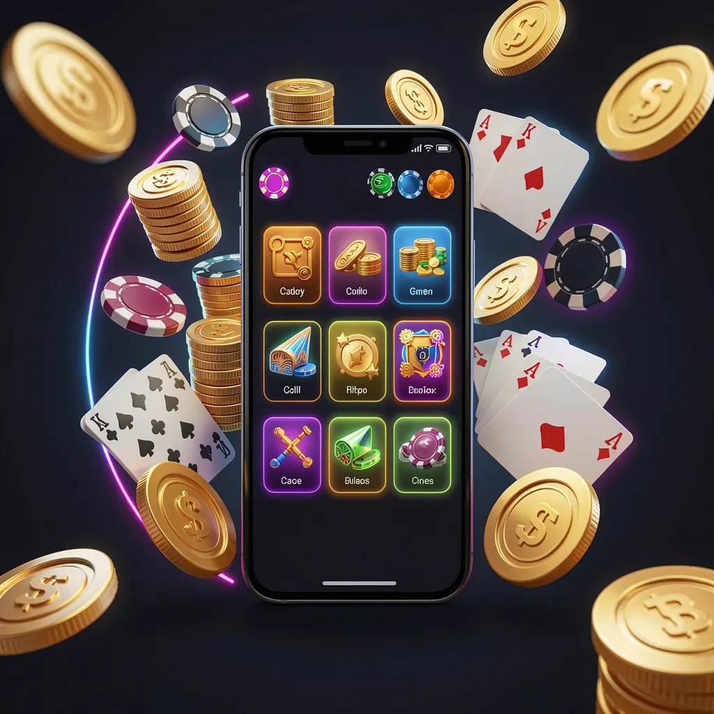 TTK889 mobile casino homepage concept showing a smartphone surrounded by golden coins, chips, cards, and glowing icons on a modern dark background with neon accents